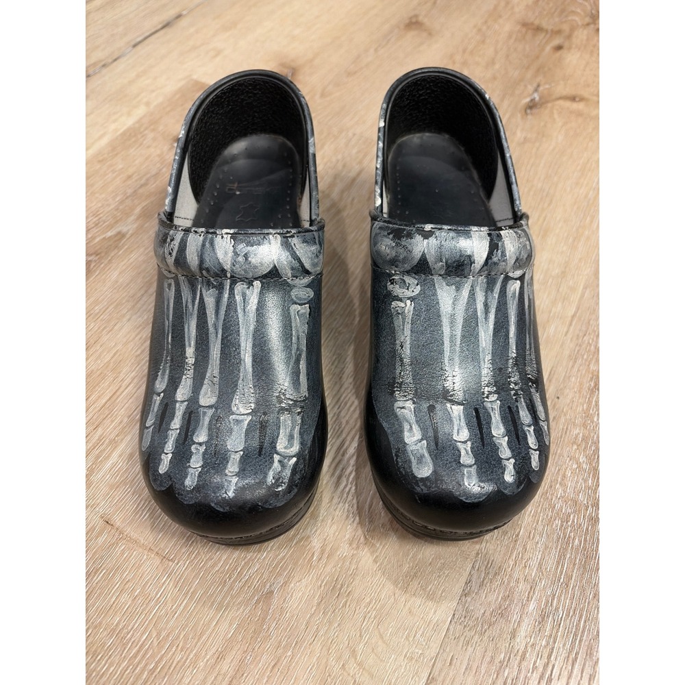 Dansko Professional Clogs Custom Hand Painted Skeleton Bones Black Leather 36